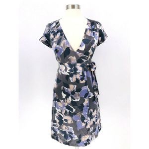Banana Republic Womens Silk Dress 0 Wrap Waist Floral Lavendar Short Sleeve